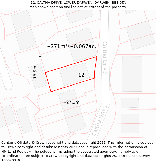 12, CALTHA DRIVE, LOWER DARWEN, DARWEN, BB3 0TA: Plot and title map