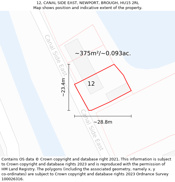 12, CANAL SIDE EAST, NEWPORT, BROUGH, HU15 2RL: Plot and title map