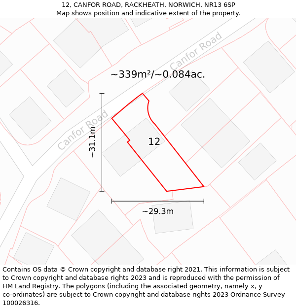 12, CANFOR ROAD, RACKHEATH, NORWICH, NR13 6SP: Plot and title map