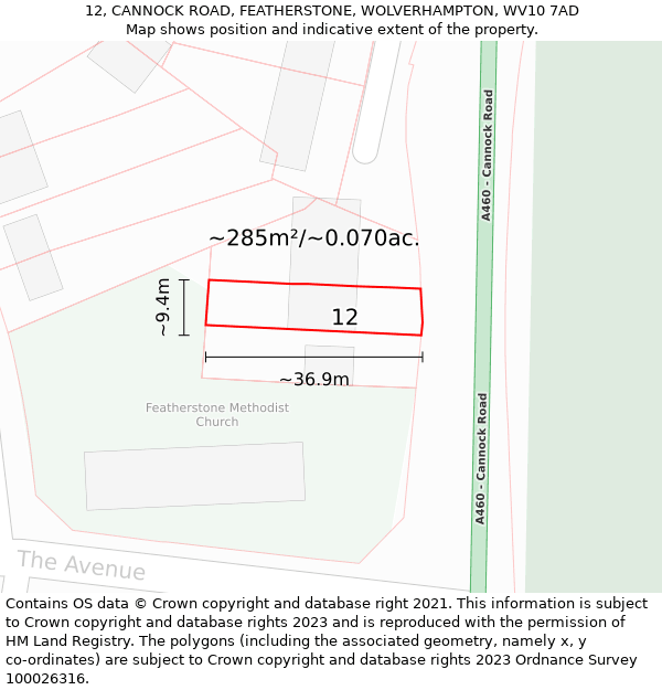 12, CANNOCK ROAD, FEATHERSTONE, WOLVERHAMPTON, WV10 7AD: Plot and title map