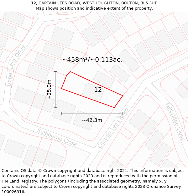12, CAPTAIN LEES ROAD, WESTHOUGHTON, BOLTON, BL5 3UB: Plot and title map