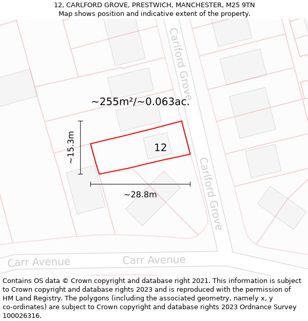 12, CARLFORD GROVE, PRESTWICH, MANCHESTER, M25 9TN: Plot and title map