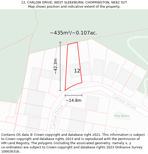 12, CARLOW DRIVE, WEST SLEEKBURN, CHOPPINGTON, NE62 5UT: Plot and title map