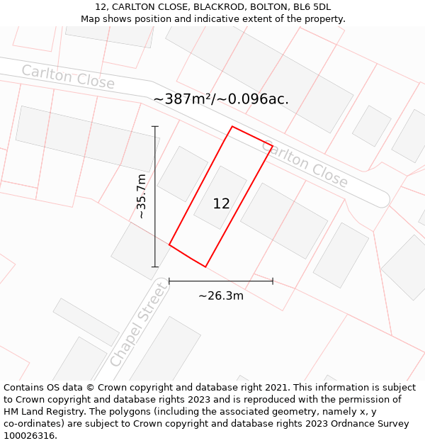 12, CARLTON CLOSE, BLACKROD, BOLTON, BL6 5DL: Plot and title map