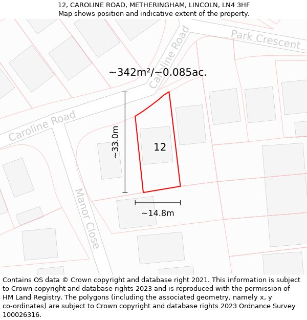 12, CAROLINE ROAD, METHERINGHAM, LINCOLN, LN4 3HF: Plot and title map