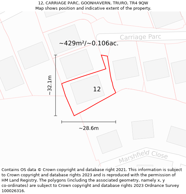 12, CARRIAGE PARC, GOONHAVERN, TRURO, TR4 9QW: Plot and title map