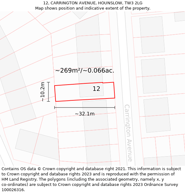 12, CARRINGTON AVENUE, HOUNSLOW, TW3 2LG: Plot and title map