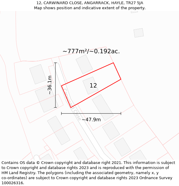 12, CARWINARD CLOSE, ANGARRACK, HAYLE, TR27 5JA: Plot and title map