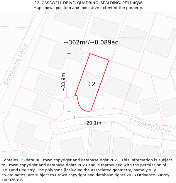 12, CASSWELL DRIVE, QUADRING, SPALDING, PE11 4QW: Plot and title map