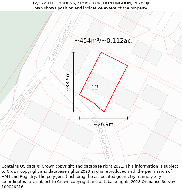 12, CASTLE GARDENS, KIMBOLTON, HUNTINGDON, PE28 0JE: Plot and title map