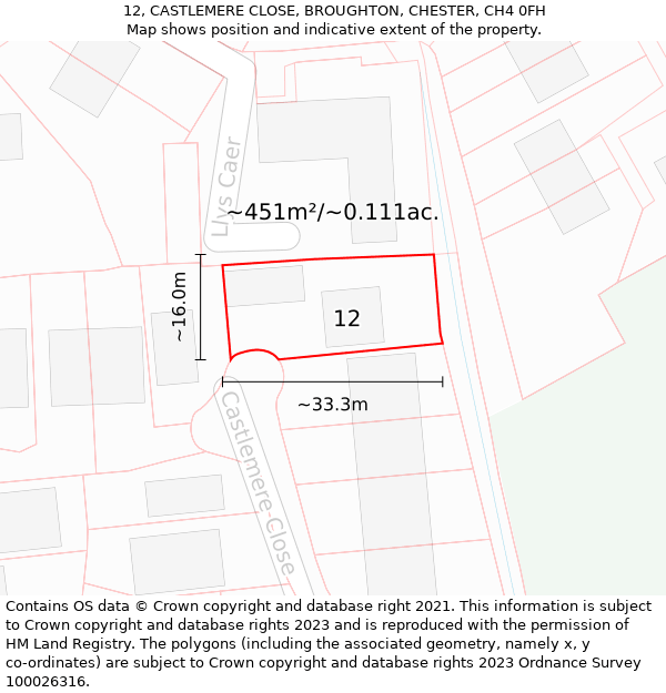 12, CASTLEMERE CLOSE, BROUGHTON, CHESTER, CH4 0FH: Plot and title map