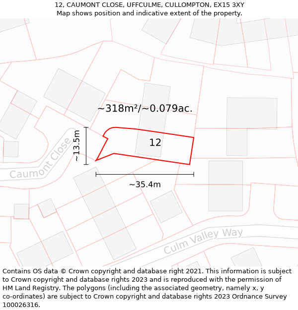 12, CAUMONT CLOSE, UFFCULME, CULLOMPTON, EX15 3XY: Plot and title map