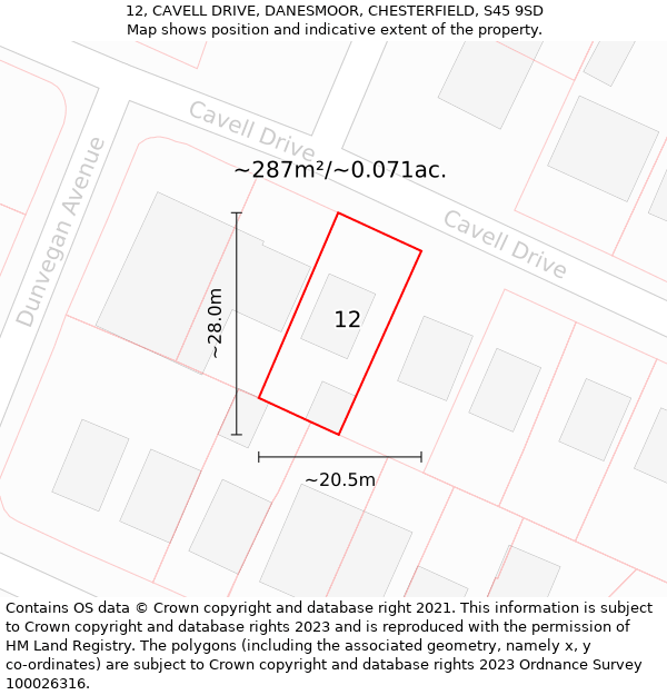 12, CAVELL DRIVE, DANESMOOR, CHESTERFIELD, S45 9SD: Plot and title map