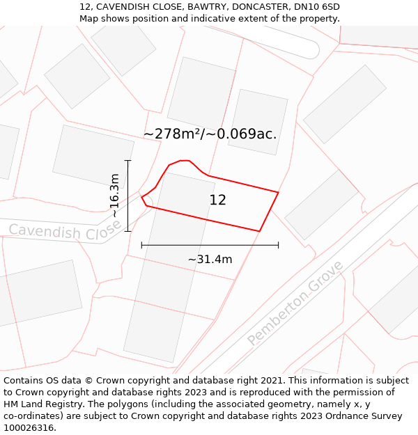 12, CAVENDISH CLOSE, BAWTRY, DONCASTER, DN10 6SD: Plot and title map