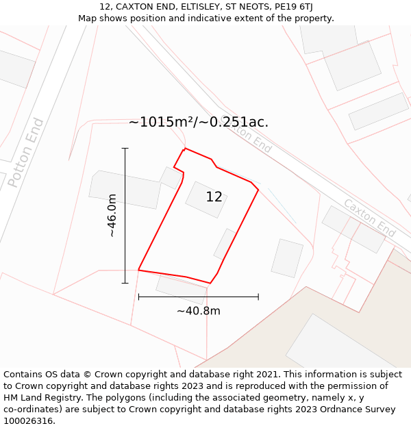 12, CAXTON END, ELTISLEY, ST NEOTS, PE19 6TJ: Plot and title map