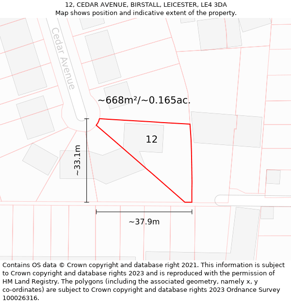 12, CEDAR AVENUE, BIRSTALL, LEICESTER, LE4 3DA: Plot and title map