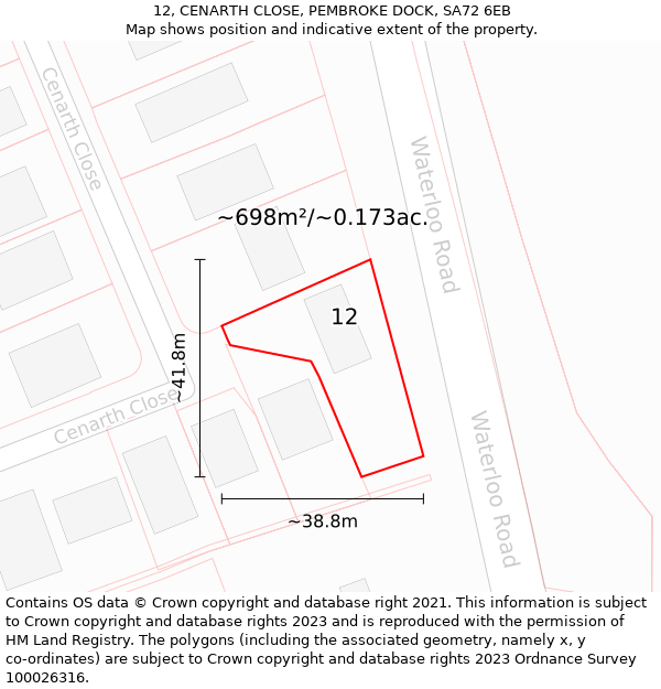 12, CENARTH CLOSE, PEMBROKE DOCK, SA72 6EB: Plot and title map