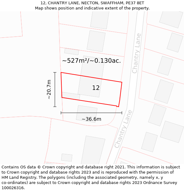 12, CHANTRY LANE, NECTON, SWAFFHAM, PE37 8ET: Plot and title map