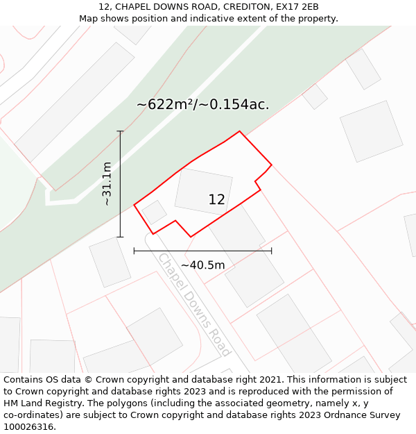 12, CHAPEL DOWNS ROAD, CREDITON, EX17 2EB: Plot and title map