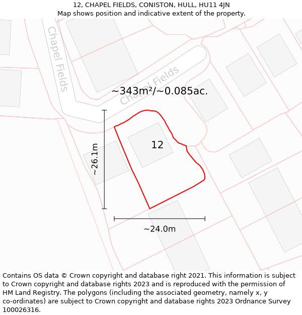 12, CHAPEL FIELDS, CONISTON, HULL, HU11 4JN: Plot and title map