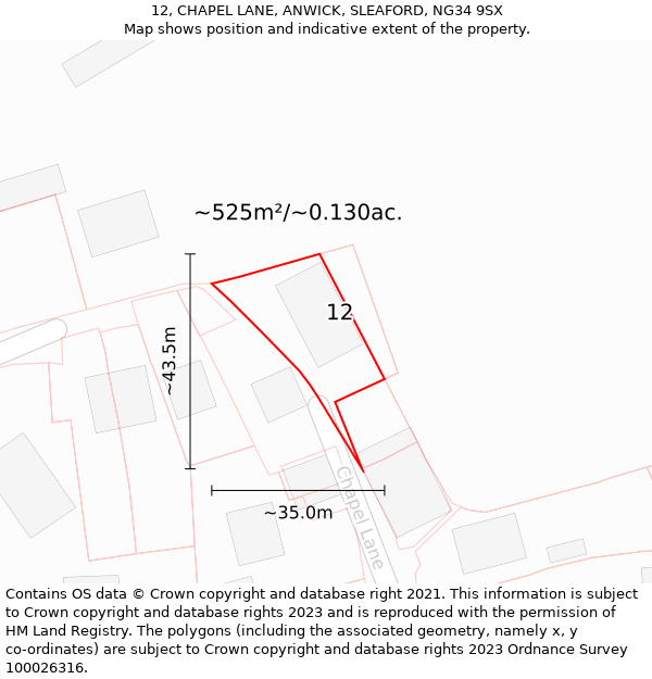 12, CHAPEL LANE, ANWICK, SLEAFORD, NG34 9SX: Plot and title map