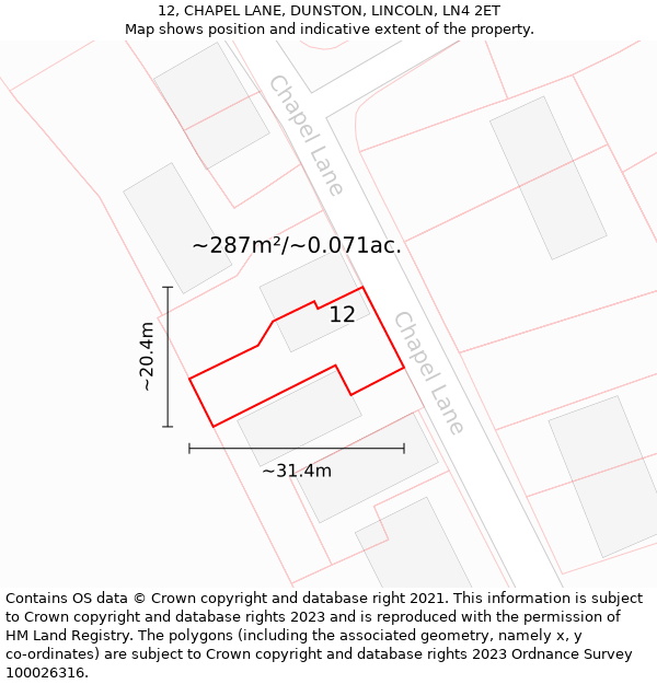 12, CHAPEL LANE, DUNSTON, LINCOLN, LN4 2ET: Plot and title map