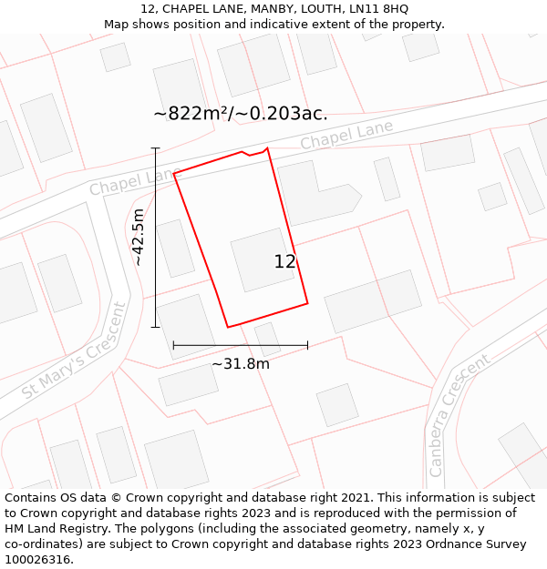 12, CHAPEL LANE, MANBY, LOUTH, LN11 8HQ: Plot and title map