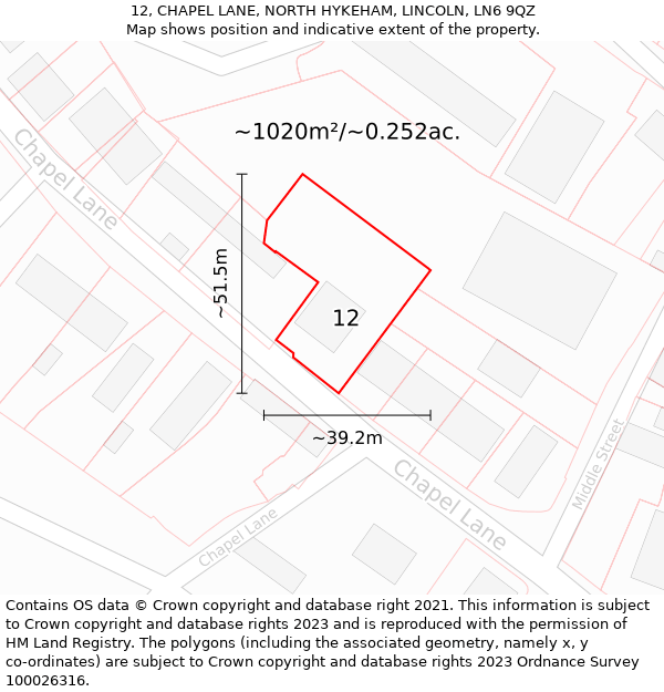 12, CHAPEL LANE, NORTH HYKEHAM, LINCOLN, LN6 9QZ: Plot and title map