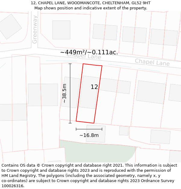 12, CHAPEL LANE, WOODMANCOTE, CHELTENHAM, GL52 9HT: Plot and title map