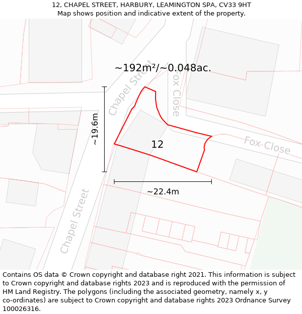 12, CHAPEL STREET, HARBURY, LEAMINGTON SPA, CV33 9HT: Plot and title map