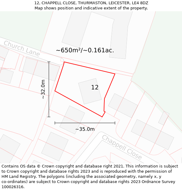 12, CHAPPELL CLOSE, THURMASTON, LEICESTER, LE4 8DZ: Plot and title map