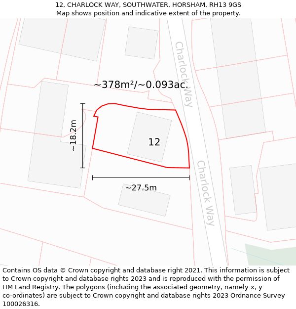 12, CHARLOCK WAY, SOUTHWATER, HORSHAM, RH13 9GS: Plot and title map