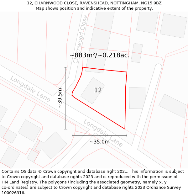 12, CHARNWOOD CLOSE, RAVENSHEAD, NOTTINGHAM, NG15 9BZ: Plot and title map