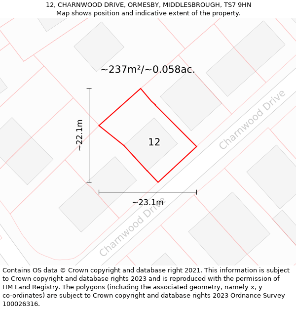 12, CHARNWOOD DRIVE, ORMESBY, MIDDLESBROUGH, TS7 9HN: Plot and title map