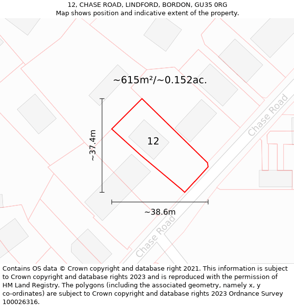 12, CHASE ROAD, LINDFORD, BORDON, GU35 0RG: Plot and title map