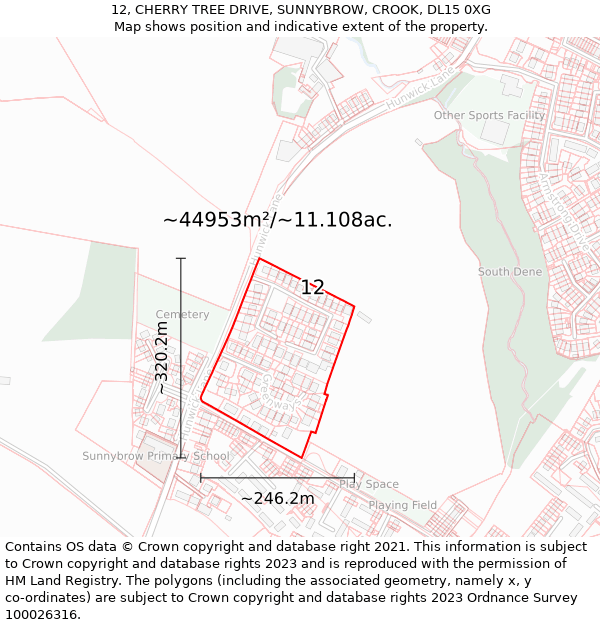 12, CHERRY TREE DRIVE, SUNNYBROW, CROOK, DL15 0XG: Plot and title map