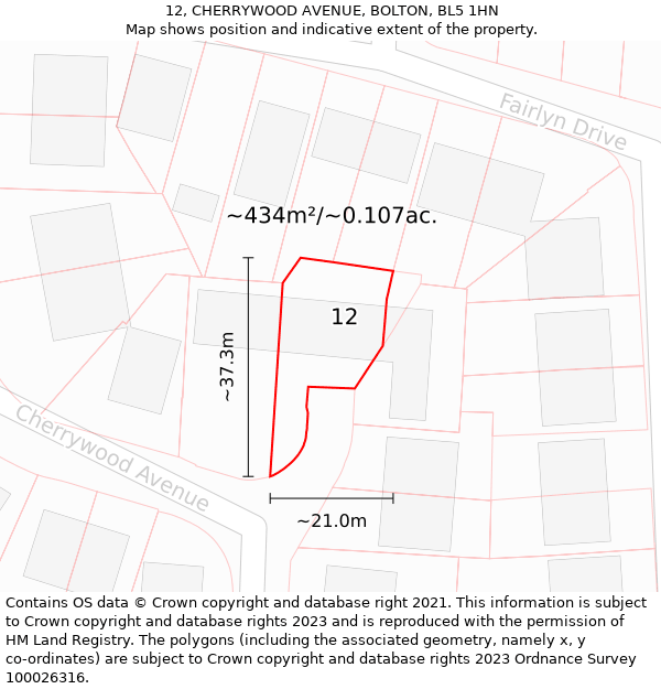 12, CHERRYWOOD AVENUE, BOLTON, BL5 1HN: Plot and title map