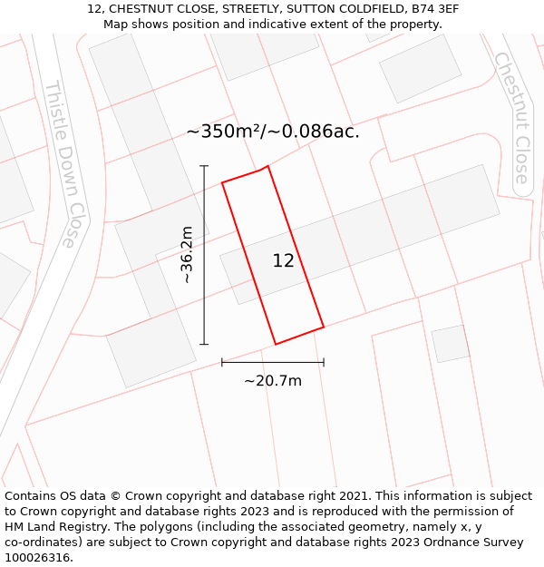 12, CHESTNUT CLOSE, STREETLY, SUTTON COLDFIELD, B74 3EF: Plot and title map