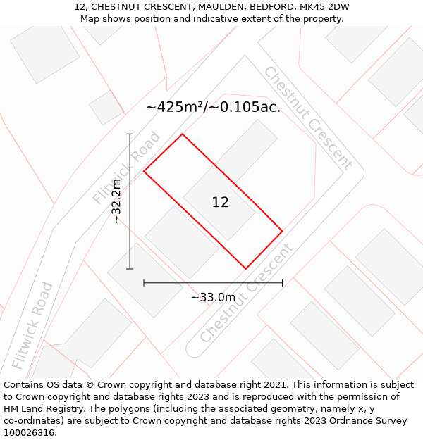 12, CHESTNUT CRESCENT, MAULDEN, BEDFORD, MK45 2DW: Plot and title map