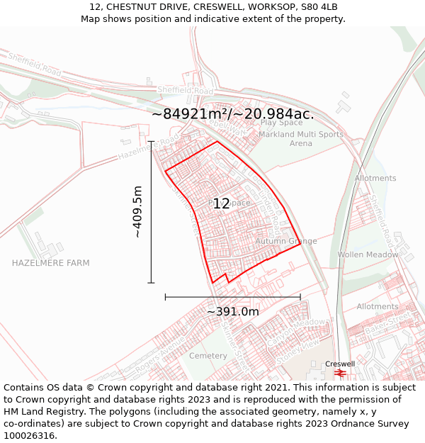 12, CHESTNUT DRIVE, CRESWELL, WORKSOP, S80 4LB: Plot and title map