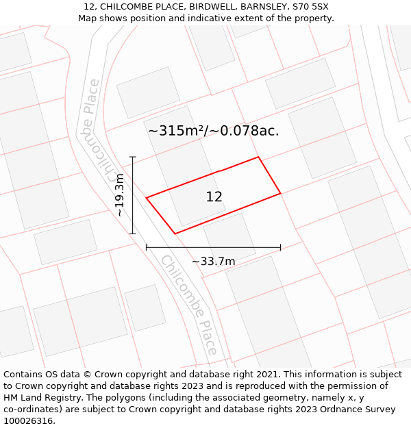 12, CHILCOMBE PLACE, BIRDWELL, BARNSLEY, S70 5SX: Plot and title map