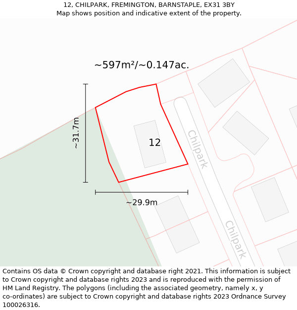 12, CHILPARK, FREMINGTON, BARNSTAPLE, EX31 3BY: Plot and title map