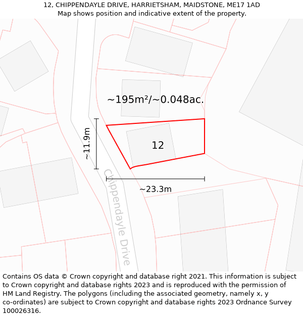 12, CHIPPENDAYLE DRIVE, HARRIETSHAM, MAIDSTONE, ME17 1AD: Plot and title map