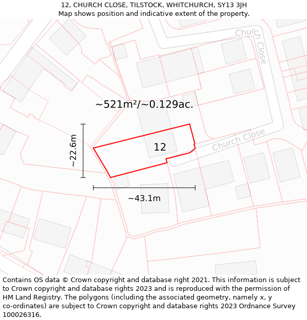 12, CHURCH CLOSE, TILSTOCK, WHITCHURCH, SY13 3JH: Plot and title map