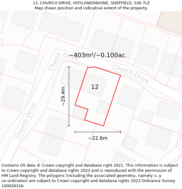 12, CHURCH DRIVE, HOYLANDSWAINE, SHEFFIELD, S36 7LZ: Plot and title map