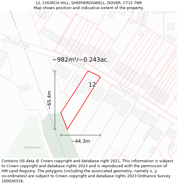 12, CHURCH HILL, SHEPHERDSWELL, DOVER, CT15 7NR: Plot and title map