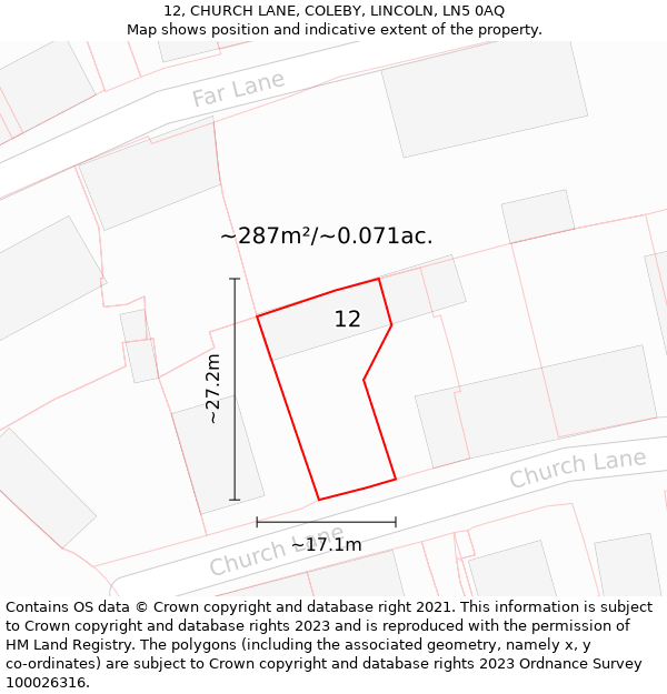 12, CHURCH LANE, COLEBY, LINCOLN, LN5 0AQ: Plot and title map