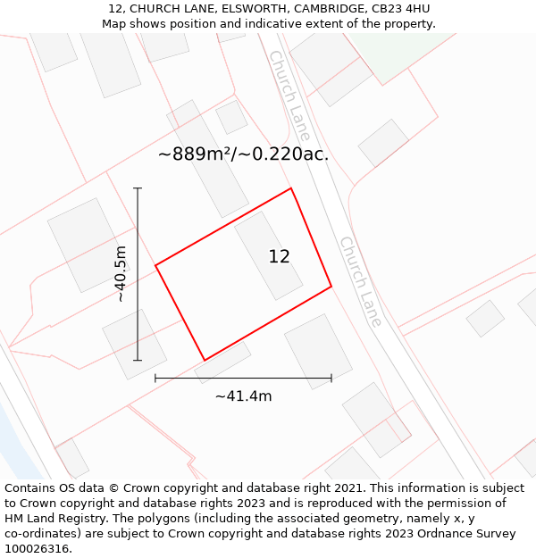 12, CHURCH LANE, ELSWORTH, CAMBRIDGE, CB23 4HU: Plot and title map