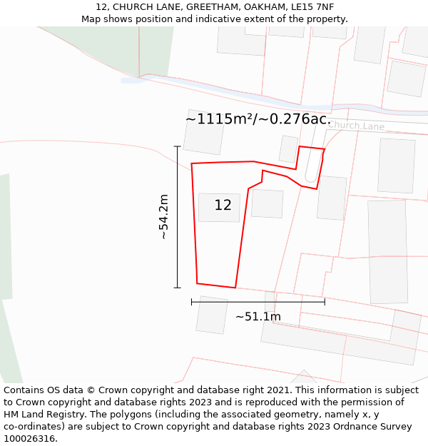 12, CHURCH LANE, GREETHAM, OAKHAM, LE15 7NF: Plot and title map