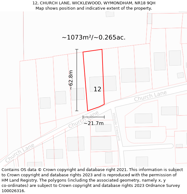 12, CHURCH LANE, WICKLEWOOD, WYMONDHAM, NR18 9QH: Plot and title map